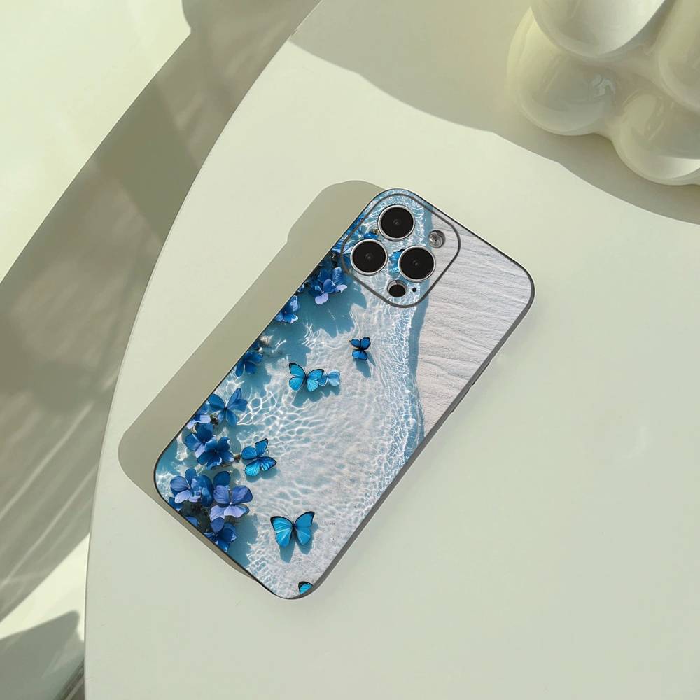 Blue Butterfly Ocean wave  Phone Case For iPhone 17,16,15,14,13,12,11 Pro Max,16/15/14Plus,XS Soft Black Cover