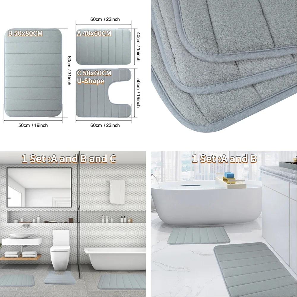 1/2/3Pieces Memory Foam Bathroom Mat Set Non-slip Bath Mat Super Absorbent Water Bathroom Floor Mat Machine Washable Toilet Rug