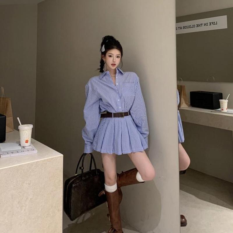 Women's Preppy Plaid Shirt Dress: Blue & White, Long Sleeve, Padded Shoulder, A-line, High Waist, Pleated, Early Autumn