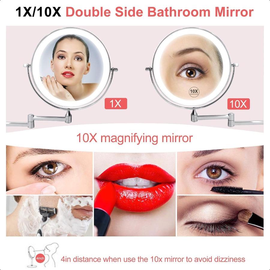 Rechargeable Wall Mounted Lighted Makeup Vanity Mirror 8 Inch Double Sided 1X 10X Magnifying Bathroom Mirror 3 Color Lighting T