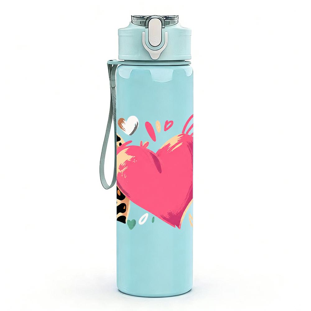 1PC Multi Texture Patch Heart Combo 750ml Color Plastic Sports Water Bottle Leakproof Flip Straw Lid Suitable for Sports Office Home Use