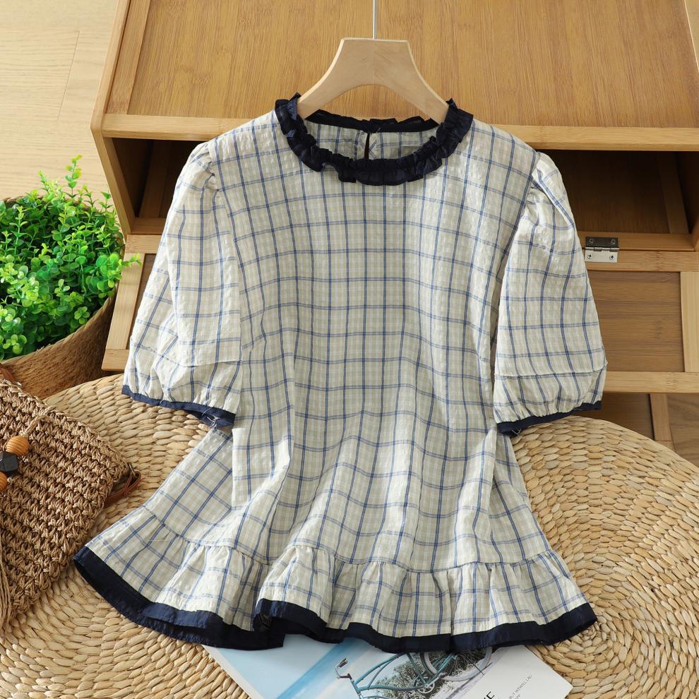 Women S Loose French Style Plaid Short Sleeve Ruffled Shirt M белый
