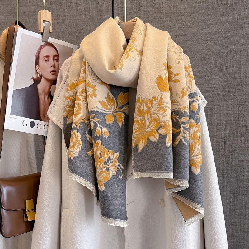 New Splicing Contrasting Plant Flower Jacquard Scarf Women's Autumn and Winter Imitation Cashmere Warm Neck Scarf Shawl