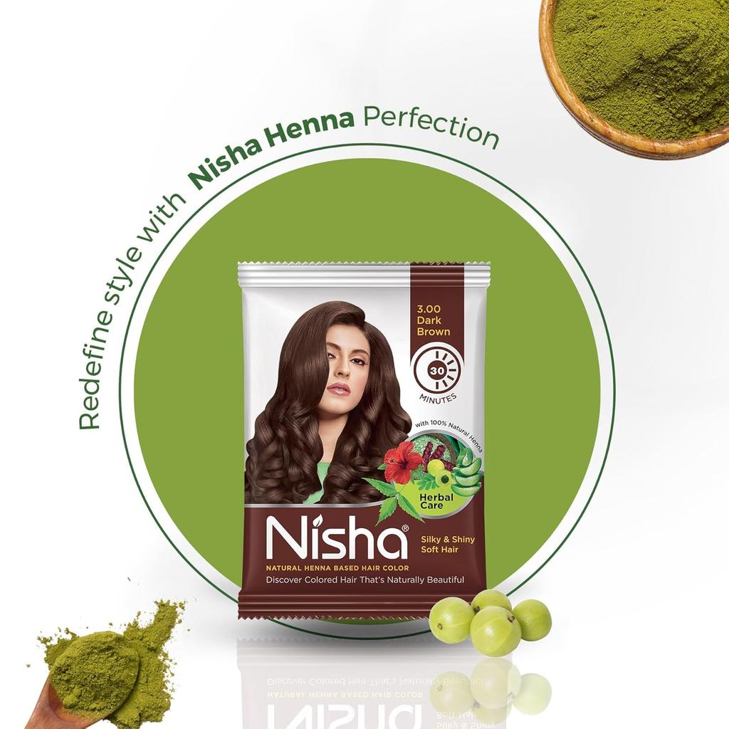 Nisha Tinta per Capelli Castano Scuro per Donne 25g x Confezione da 10 | Polvere Erboristica a Base di Henné | Tinta per Capelli a Lunga Tenuta, Senza Ammoniaca