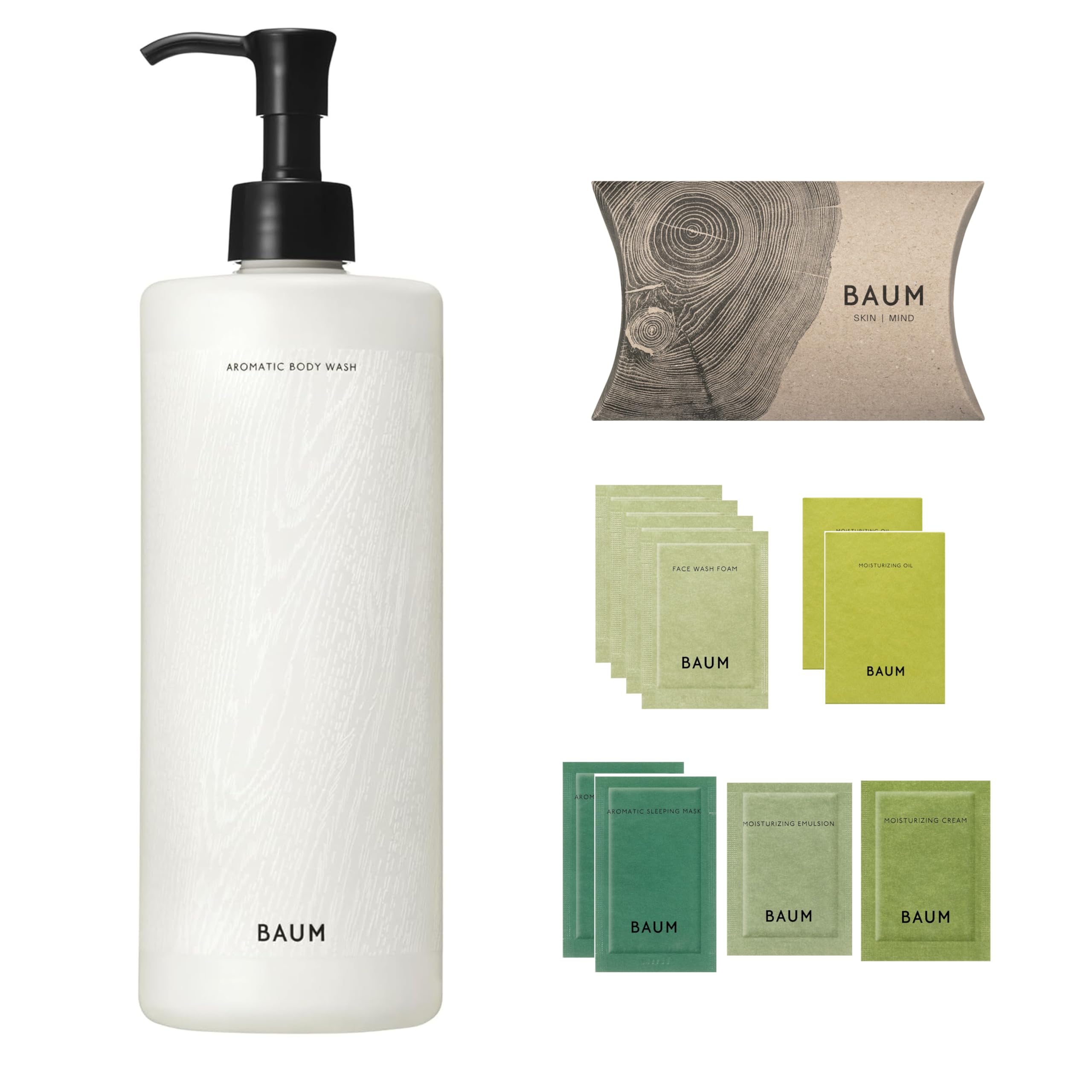 

BAUM Body Soap Trial Kit Set: Aromatic Body Wash 460mL + Sample Set. A refreshing forest bathing scent reminiscent of trees. Moisturizing, relaxing,