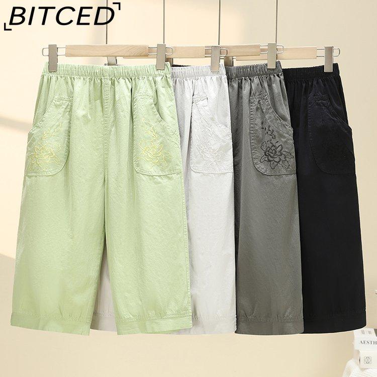 BITCED Summer Women Elastic Waist Straight Trousers Middle Age Older Women High Waist Straight Pants Washed Cotton Cropped Plus Size Pants
