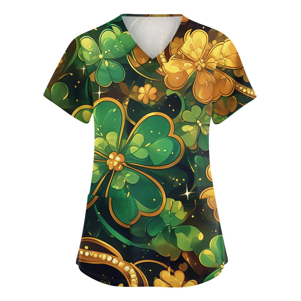 Ladies' St. Patrick Print Fashionable V-neck Pocket Short Sleeved Uniform And Caregiver Top