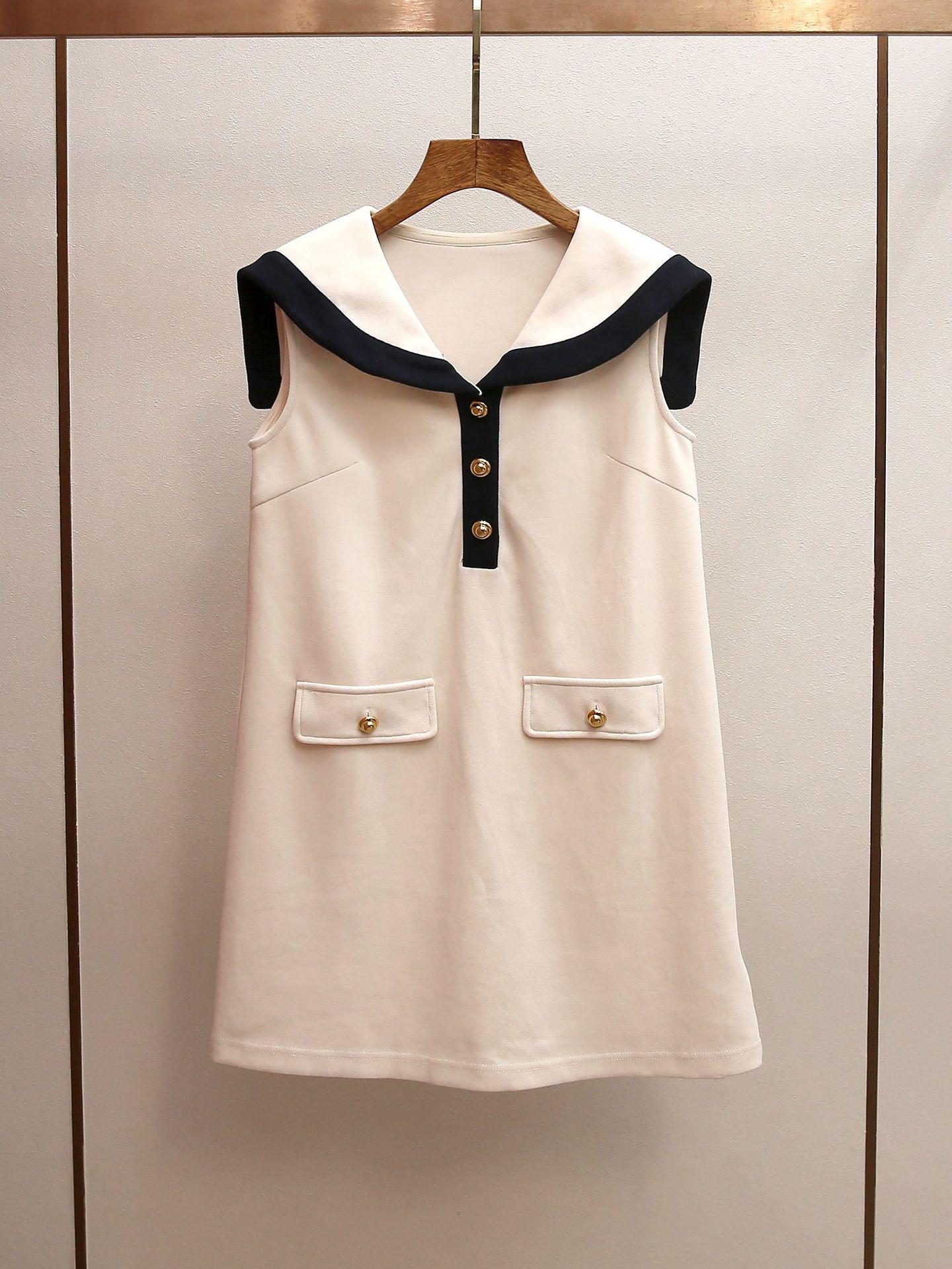 Women s Spring/Summer Color Block Sailor Collar Vest Dress M бежевый