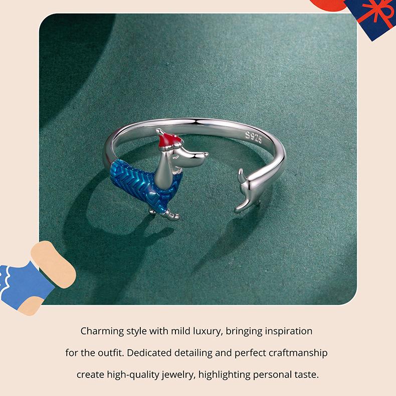 Everle S925 Sterling Silver Dachshund Adjustable Christmas Ring for Women