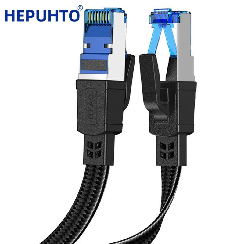 Cat8 Blue & Black Braided Network Cable, 40Gbps Flat Patch Cord, Pure Copper 7x0.1mm Shielded