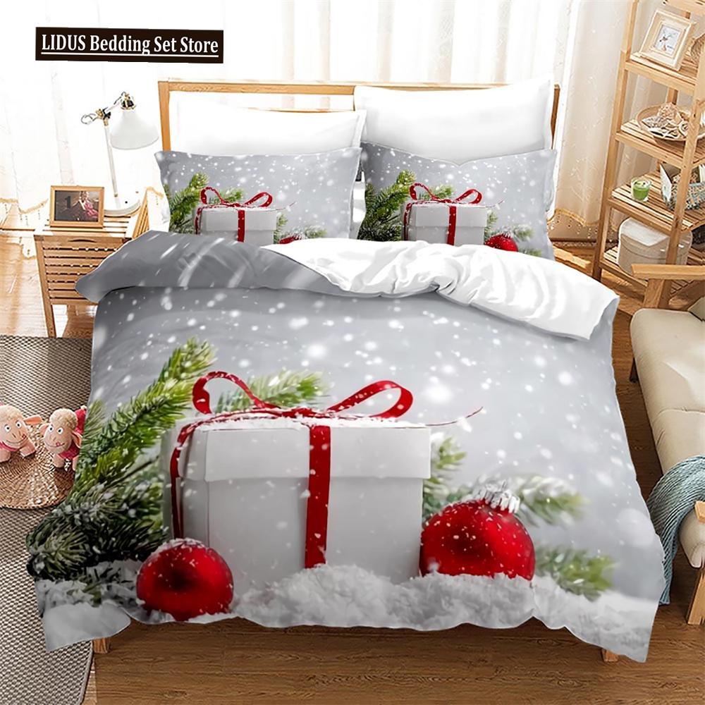 Christmas Duvet Cover Set King Size Snowflake Bells Pattern Festival Bedding Set Polyester Comforter Cover For Kids Boys Girls