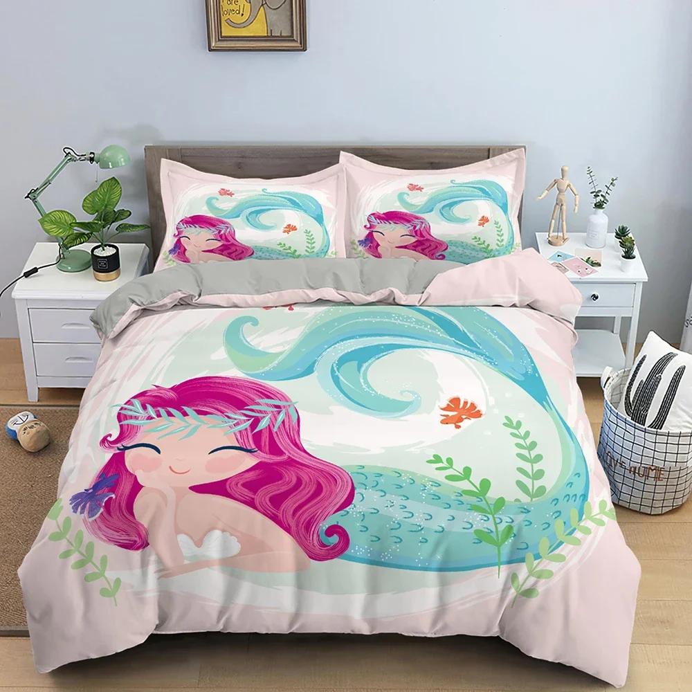 Mermaid Cute Cartoon Comfortable Duvet Quilt Cover Pillowcase Bedding Set Children Bedroom Decoration Home Textile