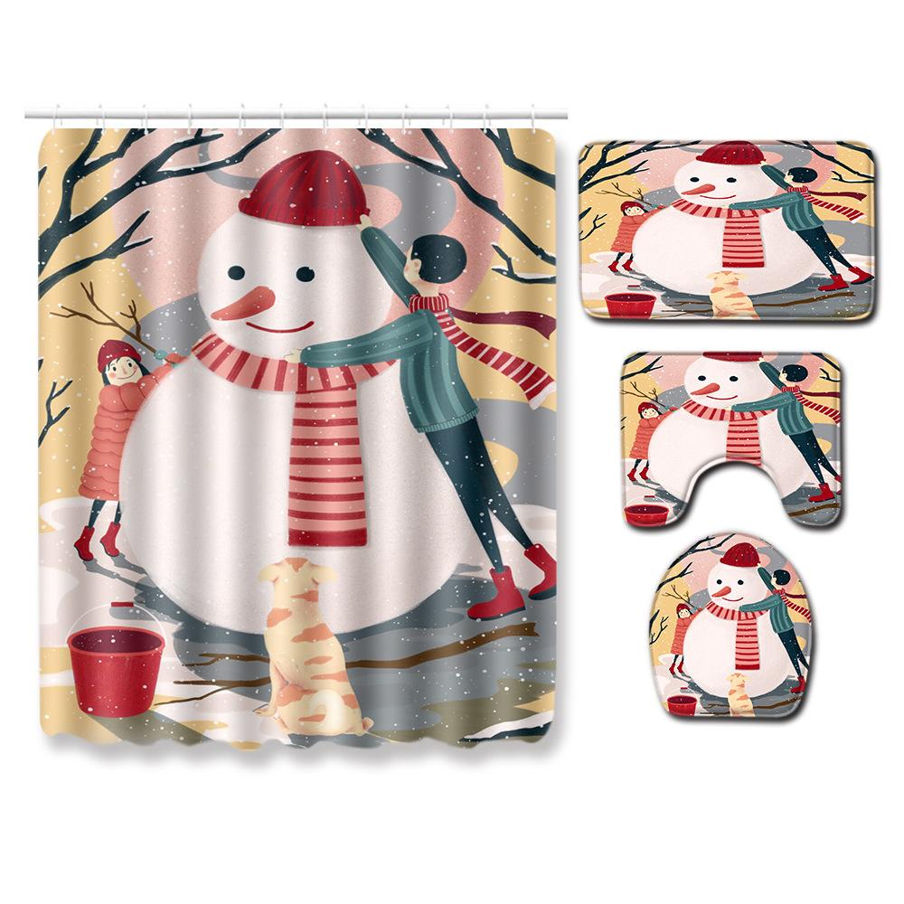 Christmas Shower Curtain Floor Mat Combination Four-Piece Bathroom Non-Slip Door Mat Foot Mat Bedroom Living Room Carpet