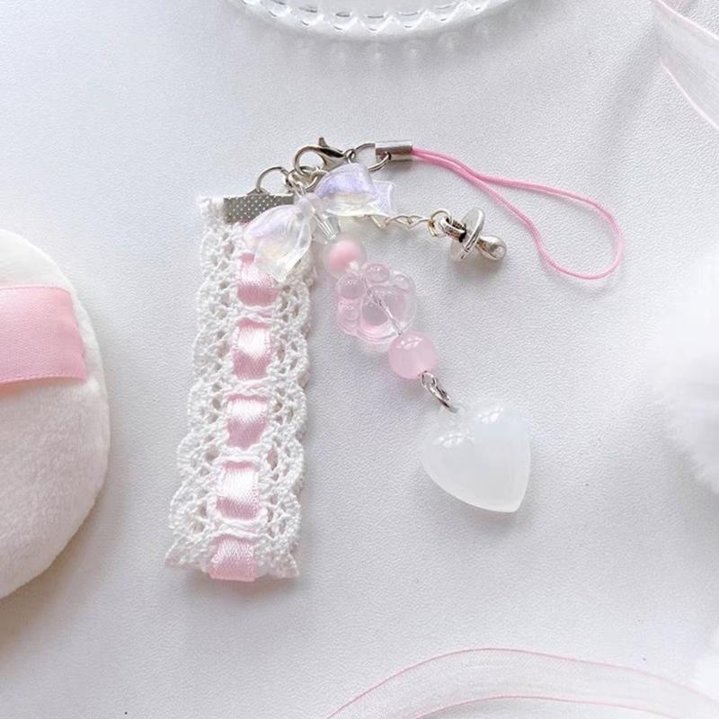 Dainty Lace Ribbon Keyring Cute Heart Pendant Keychain Colorful Beaded Phone Lanyard Multi-Functional Bags Accessories