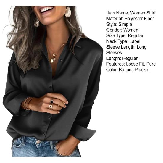 Women Satin Shirt Pure Color Loose Fit Imitation Silk Shirt Lapel Long Sleeve Buttons Placket Tops Business Casual Daily Wear
