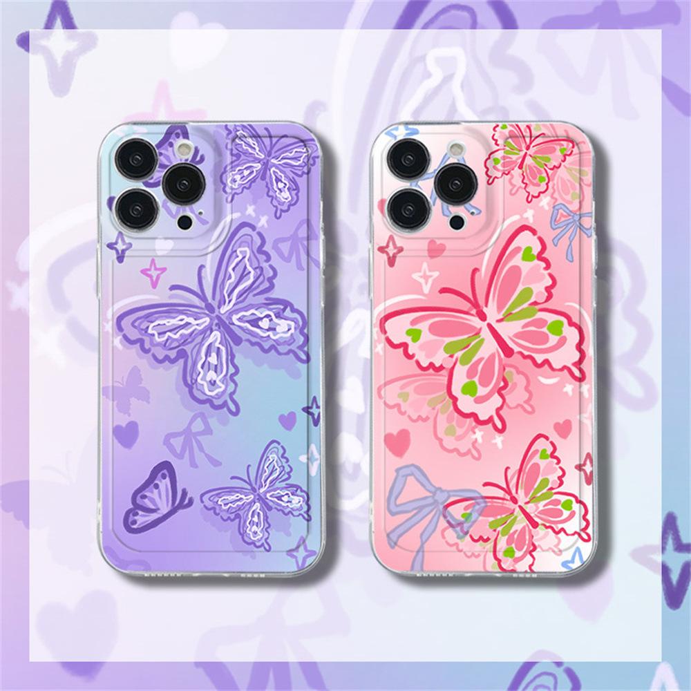 Pink Butterfly Pattern Phone Case For iPhone 16 E 14 13 12 11 15 Pro Max 7 8 Plus XS XR X SE 2022 Personalized Border Soft Cover