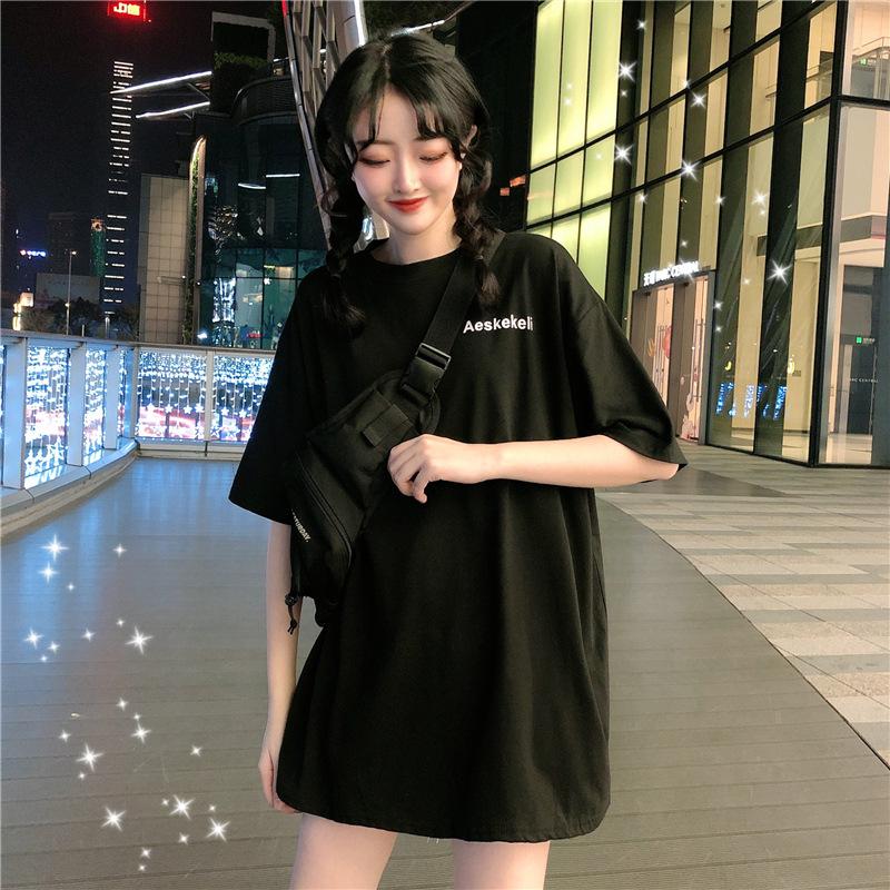 Spring and Summer Korean Version of the New Harajuku Loose Medium and Long Letter Printing Black Large Version Short-sleeved T-shirt Women Ins