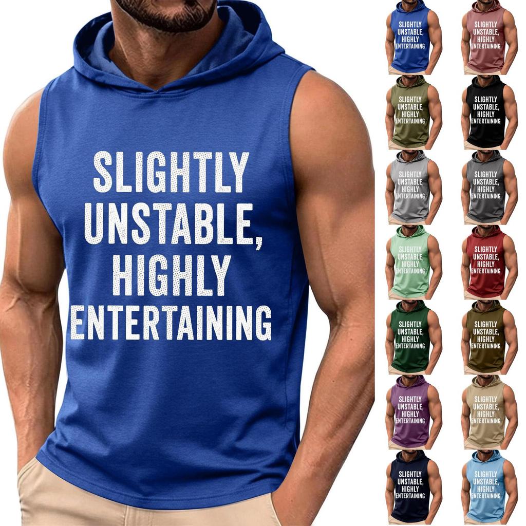 Men Sleeveless Hoodie Tank Top Casual Loose Fit Summer Muscle Shirt Printed Text Graphic Comfortable Lightweight