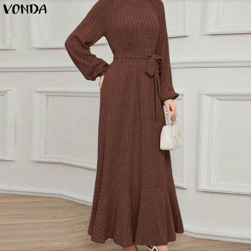 VONDA Abito Maxi Svasato Casual Base in Maglia a Coste con Scollo Tondo e Maniche Lunghe da Donna per l'Autunno