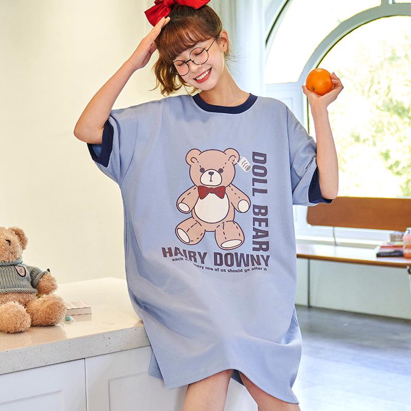 

Милая хлопковая летняя ночная рубашка с рисунком для женщин – свободный крой, короткий рукав, корейский стиль, юбка средней длины Medium