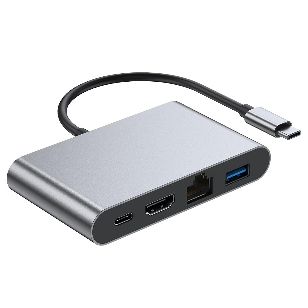 

2322 Aluminum Shell Type-C Hub with RJ45+4K/30HZ HD+USB 3.0+PD 100W Charging Port As Shown A