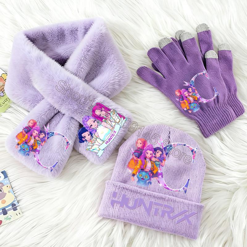 3-teiliges KPop Dämonenjäger Kinder Strickmütze Handschuhe Schal Set Niedliche Mädchen Winteraccessoires Strickmütze Schals Weihnachtsgeschenke