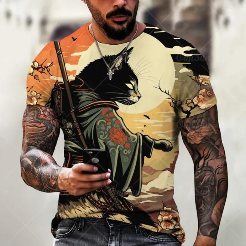 Japanese Samurai Cat Printed Men's T Shirts Funny 3D Animal Graphic T-Shirts Summer Casual O-neck Loose Tops Short Sleeve Tees