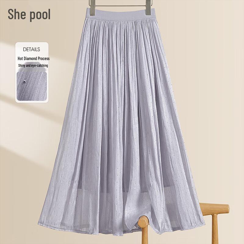 Shechi Gentle Hot Drill Elastic Waist A-line Midi Skirt One Size