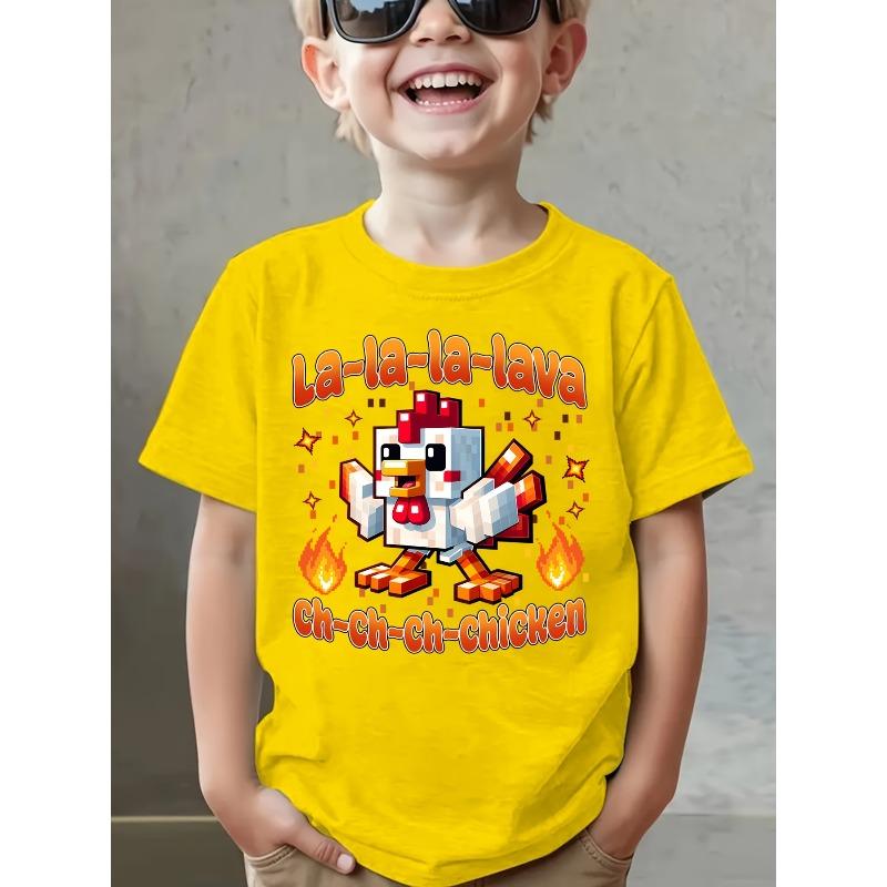 

European sizes Summer Stylish Short-Sleeve T-Shirt for Boys Featuring a Fiery Little Rooster Print with LA-LA-LA-LAVA, CH-CH-CH-CHICKEN 164cm жовтий