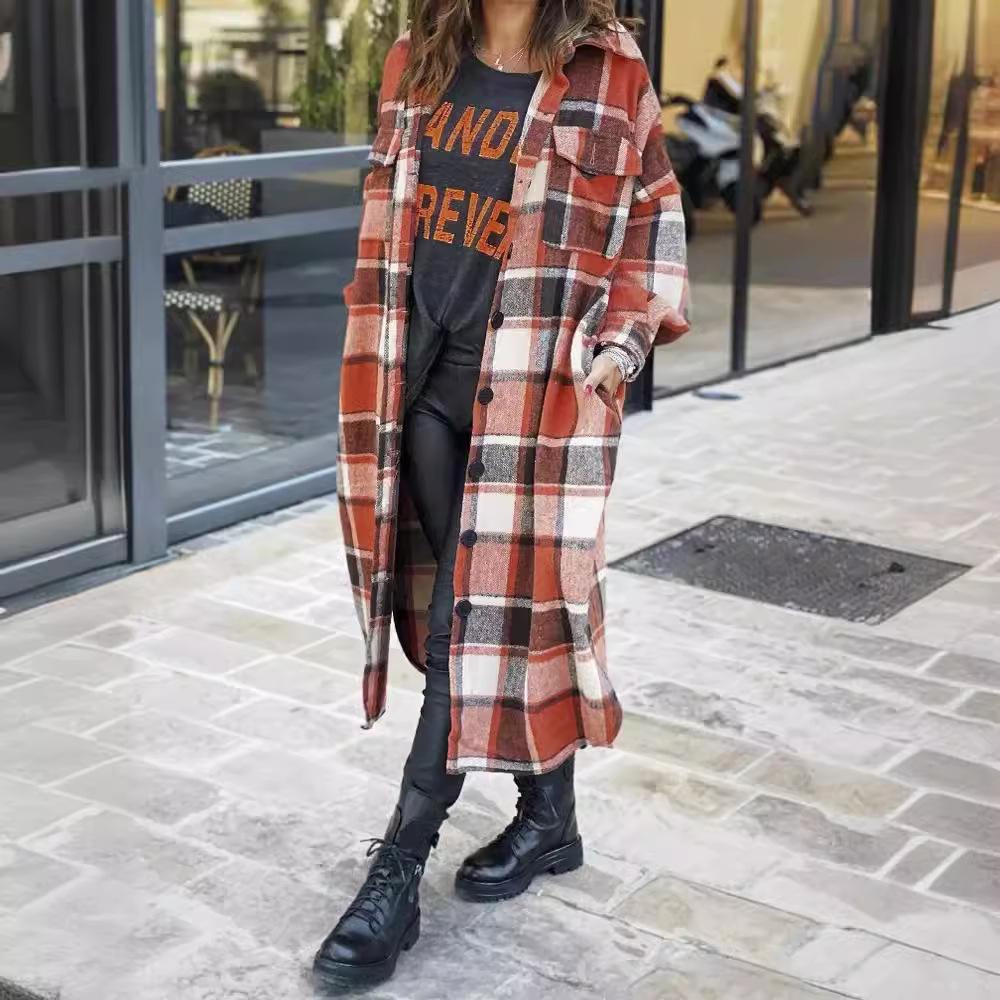 Extended Trench Coat Lapel Side Split Women's Tweed Plaid Coat Women's Coat