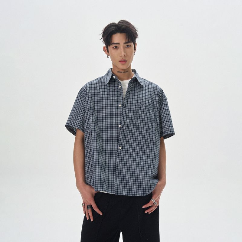 

Kisko Американская Ретро Синяя Клетчатая Расслабленная Рубашка с Коротким Рукавом для Мужчин и Женщин, Простая Базовая Свободная Куртка-Рубашка Blue 2XL