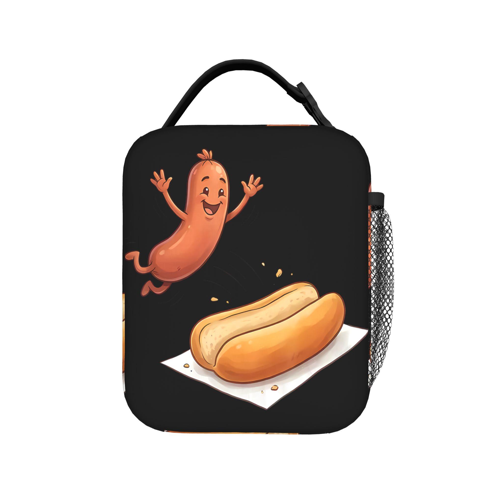Funny Hot Dog Jumping Into Bun Sausage BBQ Lunch Bag Travel Portable Zipper Thermal Tote Handbags For Child Oxford Cooler Bag One Size