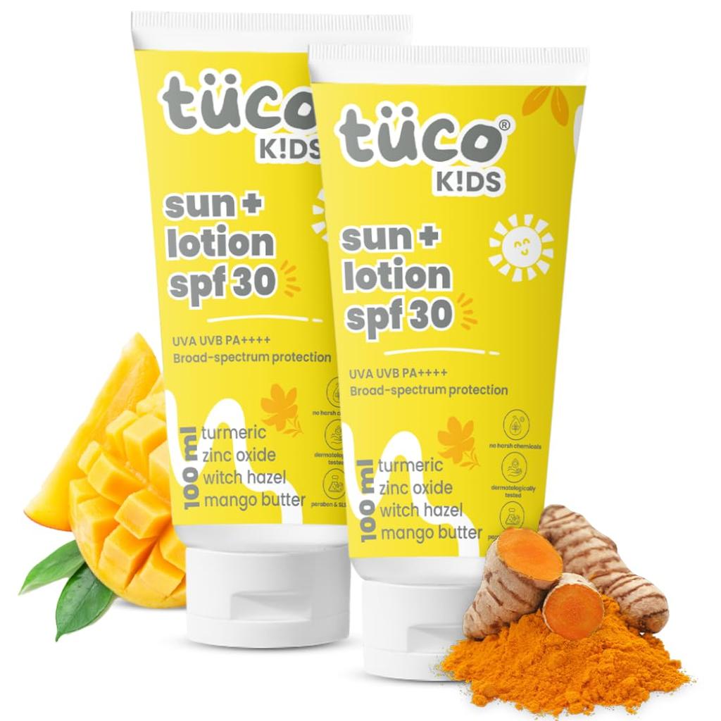Tuco® Kids 2 in 1 Sunscreen + Body Lotion with SPF 30 | Turmeric, Licorice, Mango Butter | UVA/UVB PA++++ | Ages 2-5, 5-10, 10-15 | 100 ml (Pack of 2)