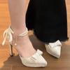 Bow waterproof table super high heels women's hollow high heels sandals women's satin wedding shoes with wedding dress