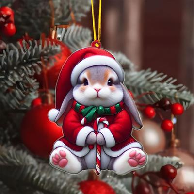 Christmas Ornaments for Tree Acrylic Cartoon Animal Car Rear Mirror Hanging Charm 2D Flat Cat/Dog/Bear/Rabbit Pendant for Xmas Tree Auto Interior