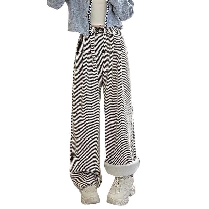 Women's 2024 Autumn/Winter Fleece-Lined Wide-Leg Striped Pants