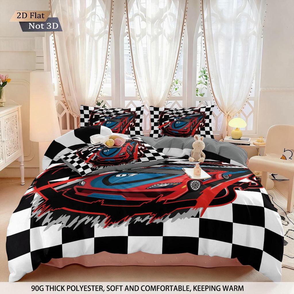Racing Sports Car Print Bedding Set: Customizable Three-Piece with Pillowcase