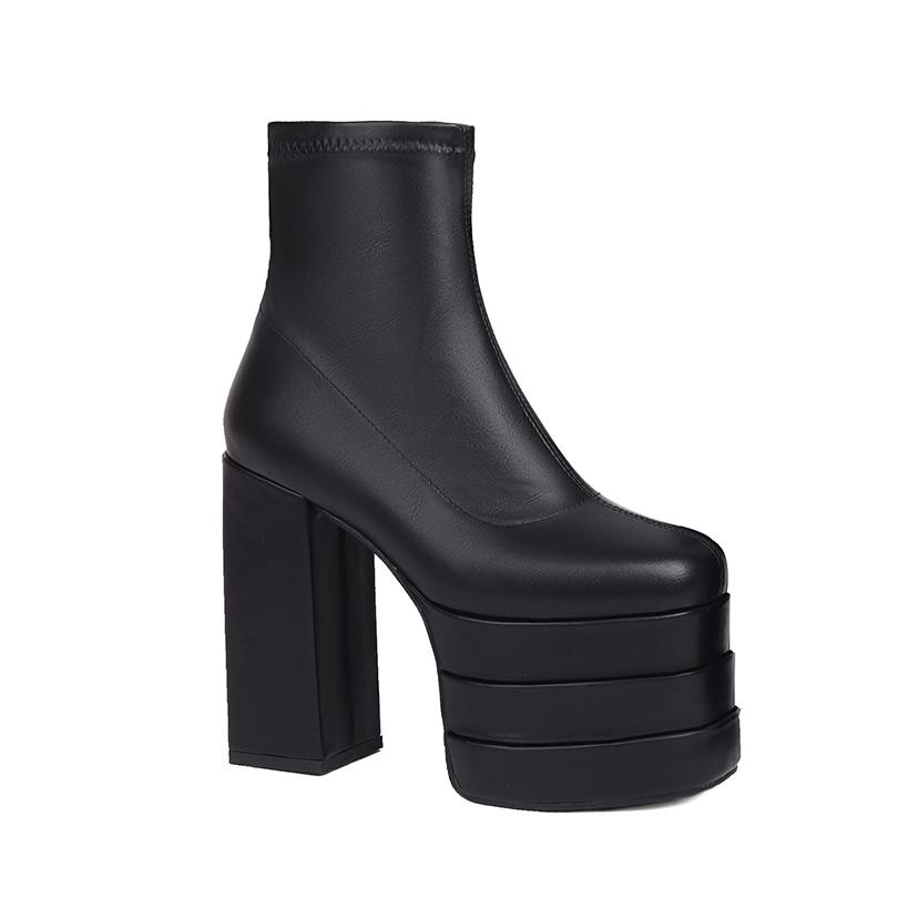 

Большого размера квадратный носок трехслойная ультравысокая платформа вырезы толстые каблуки популярная мода короткие ботинки молния женские ботинки 39