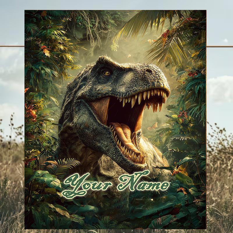 1PC Custom Name Dinosaur Adventure Jungle Outdooor Flannel Blankets Patterns Throw Blanket All-Season Soft Gift for Couch, Bed, Camping Gifts