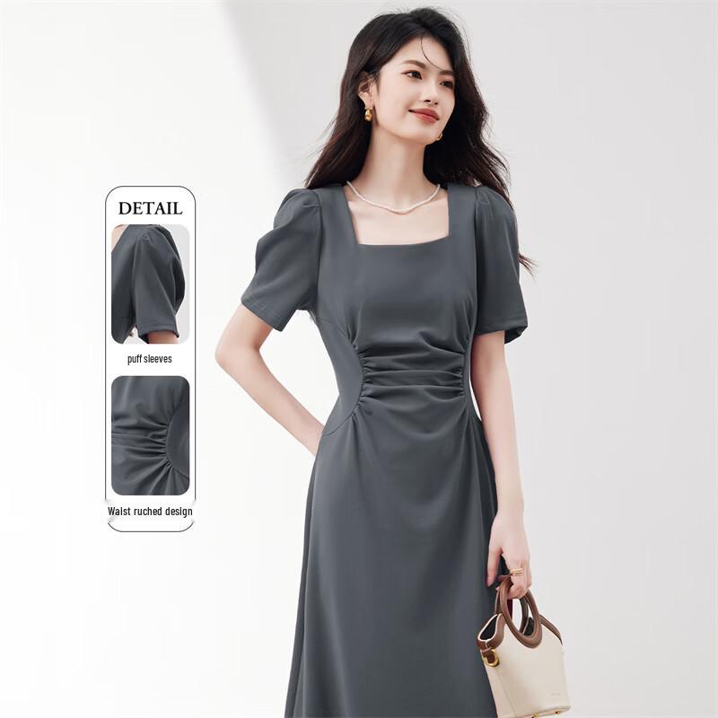 Elegant French Pleated Square Neck Puff Sleeve Midi Dress M