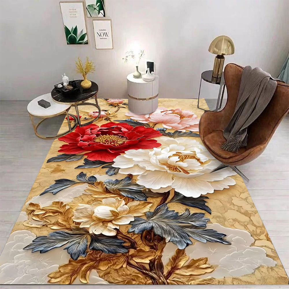 Floral Art Carpet Various Styles With Peony Rose Golden Leaf Tassel Designs Non Slip Rug For Living Room Decor