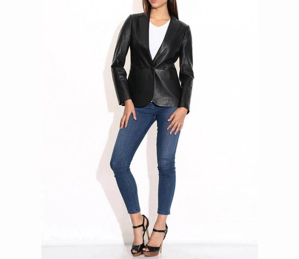 Real Lambskin Women's Leather Party Handmade Black Blazer Stylish Formal Designer