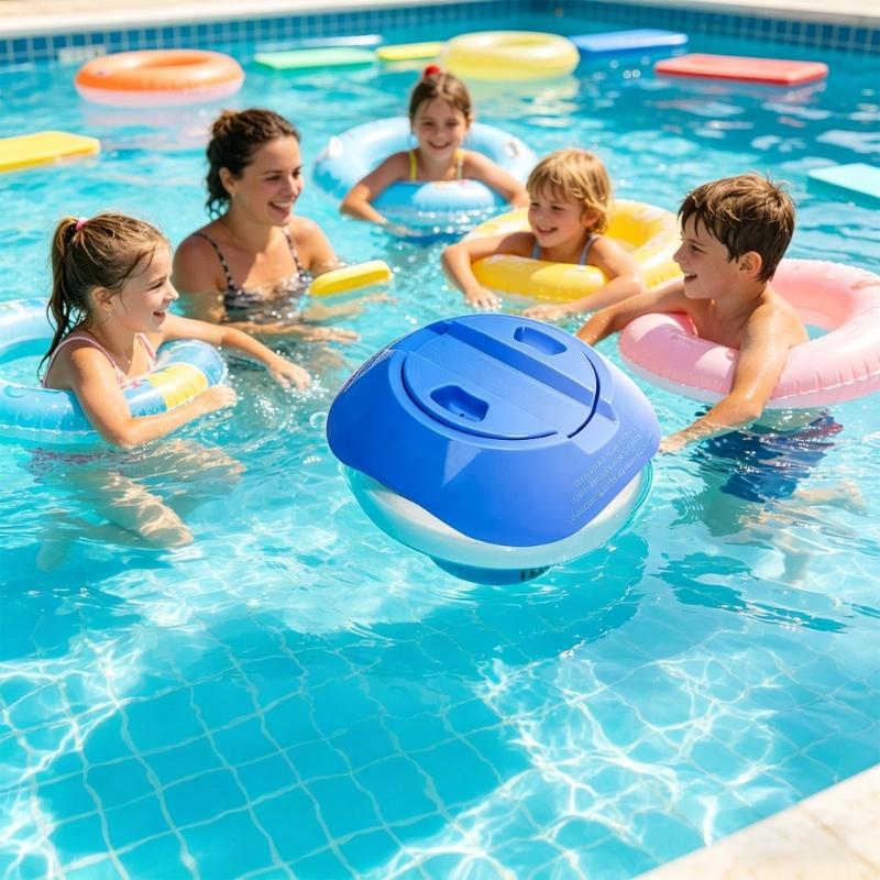8Inch Adjustable Floating Chlorine Dispenser For Swimming Pools With Rotating Control Rings And Large Capacity Design