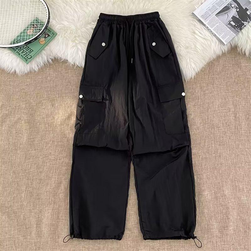 American retro pants men s spring and autumn multi-pocket tooling drawstring tied feet wide-leg casual pants 3XL чёрный