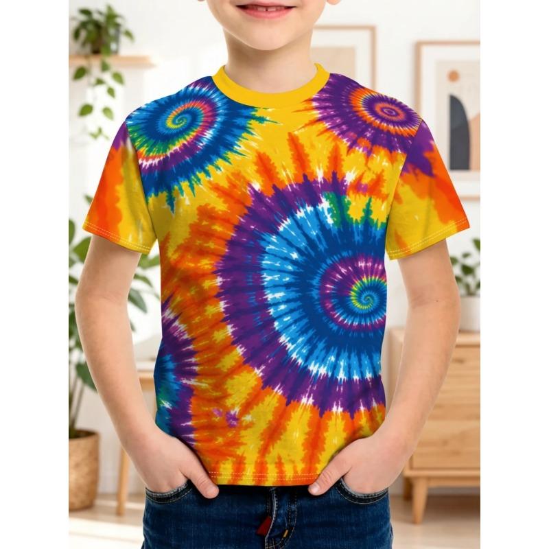 Children's Clothing Boys Spiral Tie-Dye Short Sleeve Rainbow Swirl Print Round Neck Top Summer Casual Erano Colorido Boy Clothes