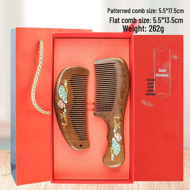 Premium Black Gold Sandalwood Comb: Hand-Painted, Anti-Static, Portable Hair Styling Comb with Gift Box for Women.
