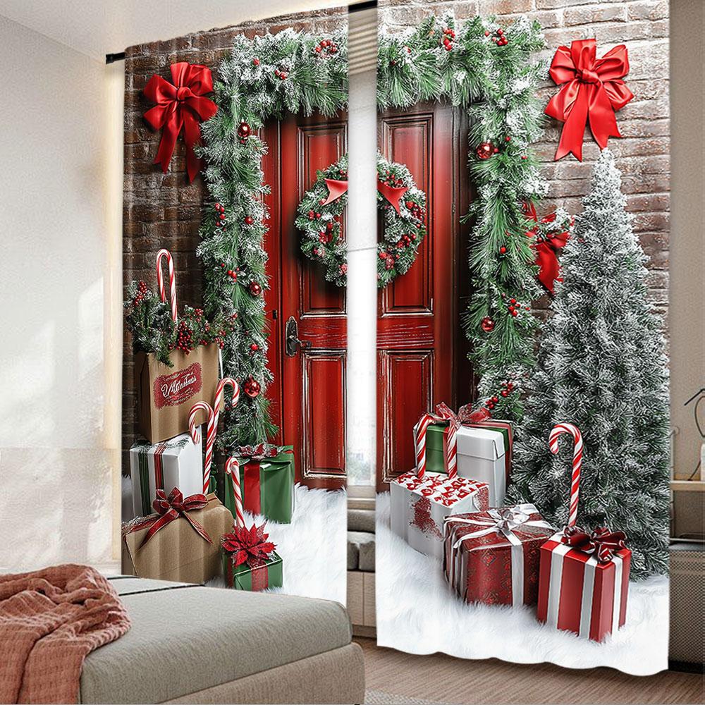 2Pcs Christmas Curtains Brick Wall Wooden Door Christmas Tree Gift Decorative Xmas Suitable For Bedroom Living Room Dining Room