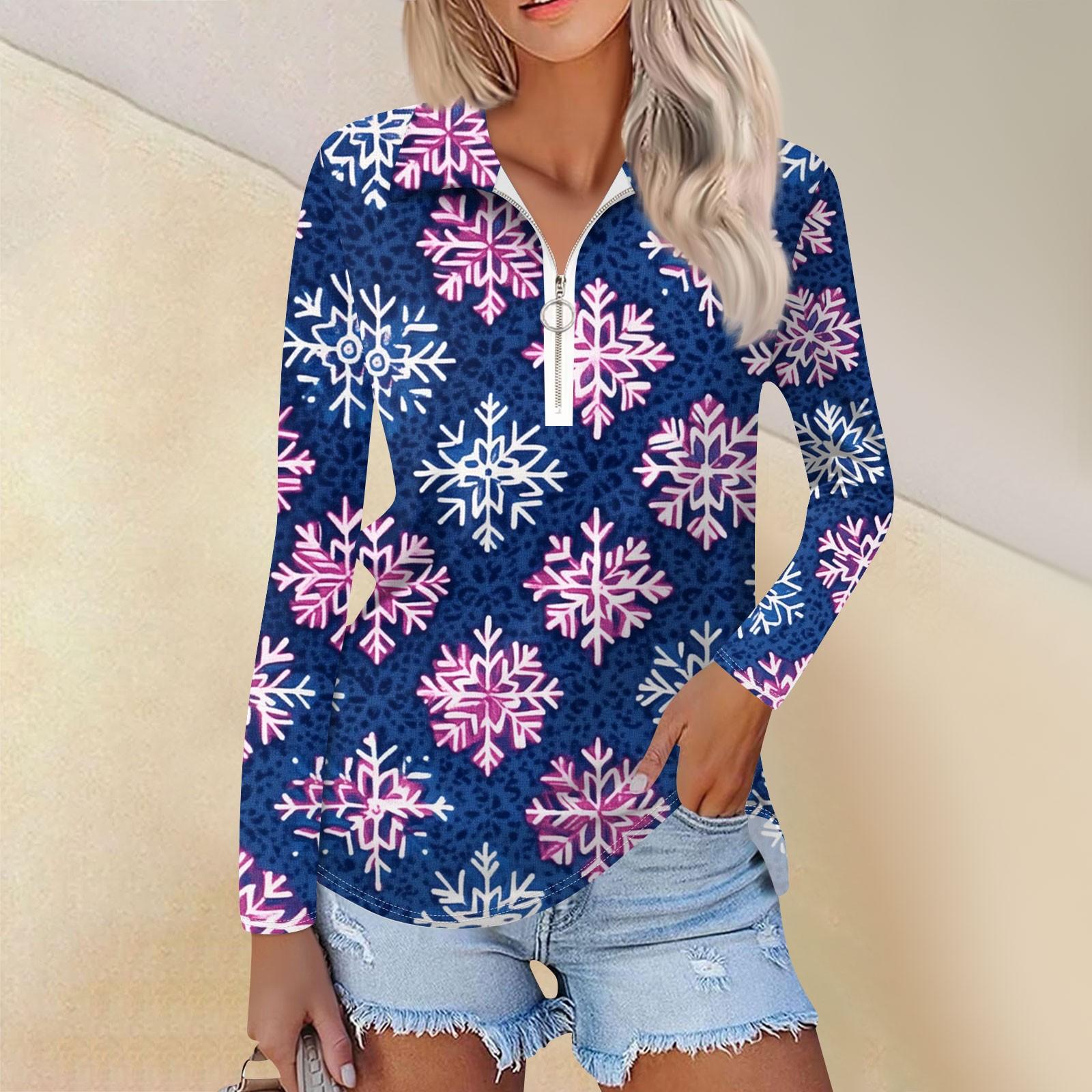 

Женская мода весна осень повседневная рождественская принтованная молния V-образный вырез длинный рукав рубашка топ XXL синий