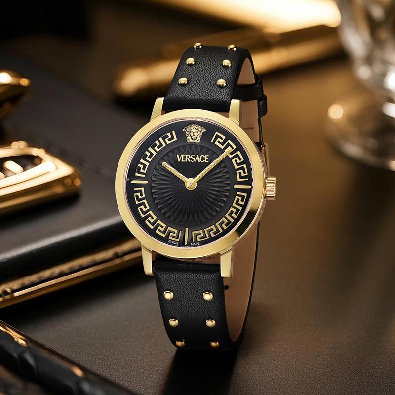 Versace Quartz Watch 35mm Beige Dial Leather Strap Gift Set With Perfume And Red Envelope Women Watches Pink VE0A00125