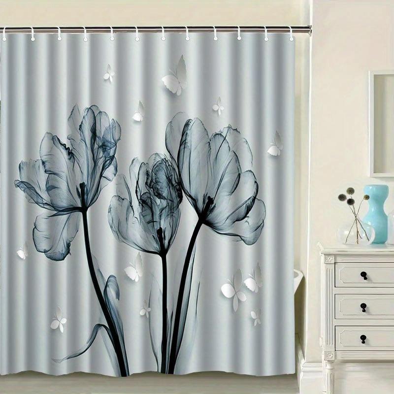 1Pc Elegant Blue Flower Shower Curtain With Hooks - Artistic Floral Design For Bathroom Decoration, Suitable For Home And Hotel